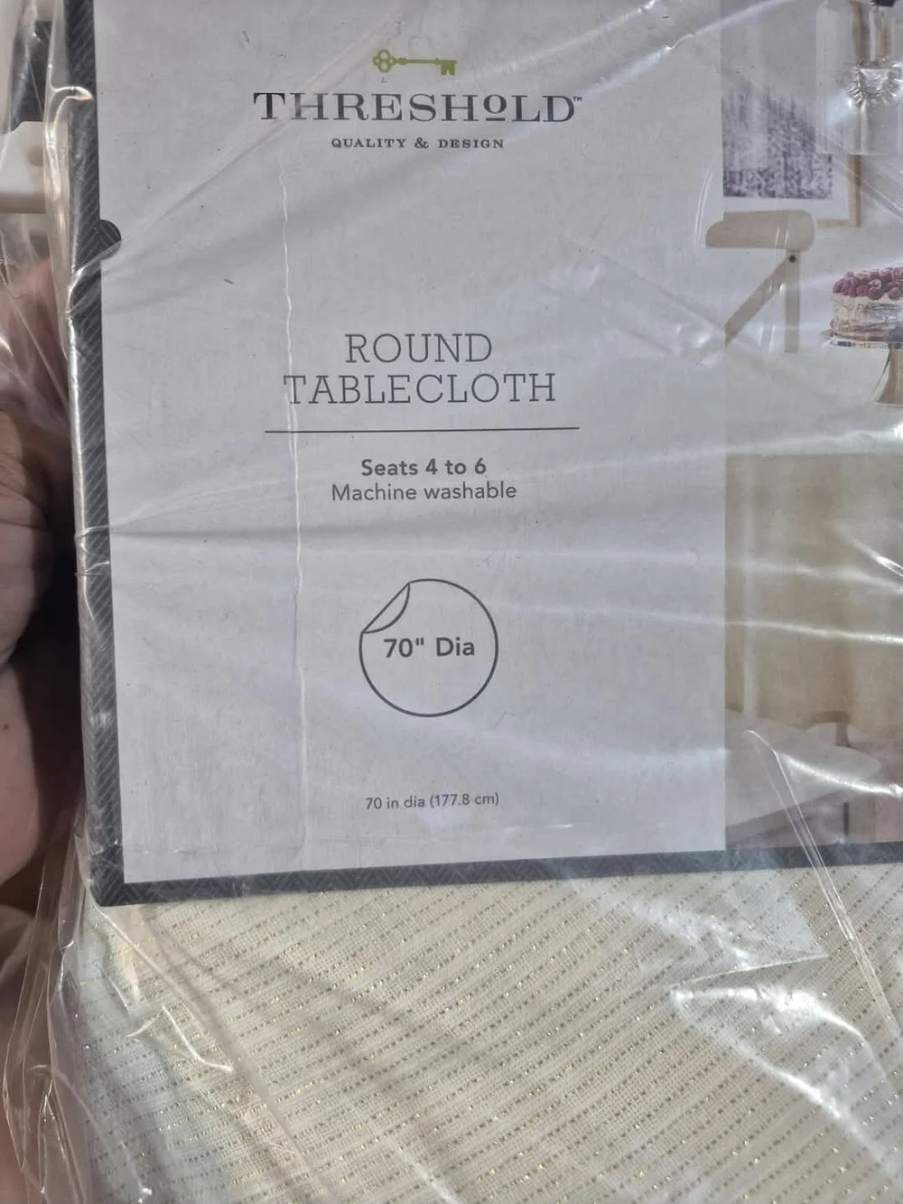 Threshold Cream Round Tablecloth with Subtle Stripe Texture
